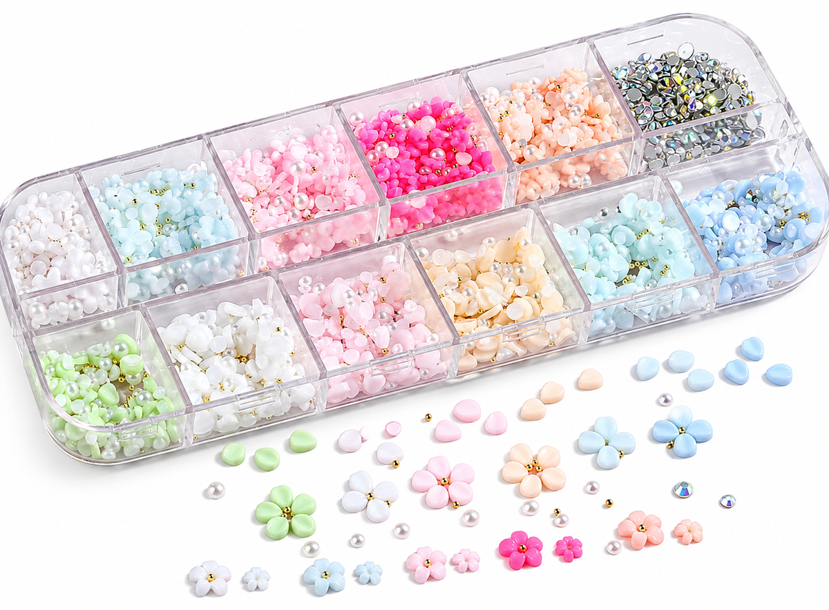 Pastel 3D Flower Nail Art Charms & Rhinestone Assortment Box