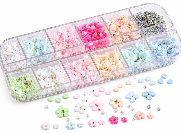 Pastel 3D Flower Nail Art Charms & Rhinestone Assortment Box